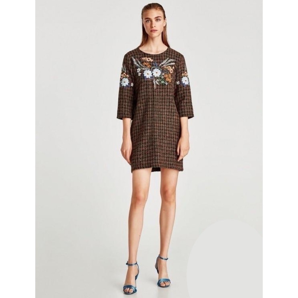 NWT Zara Tweed Embroidered Plaid Shift Dress Sequin Holiday Party Mod Large
